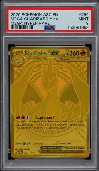 PSA graded 2026 Pokemon Mega Charizard Y ex card showing the gold holographic card with attack details and a Mint 9 rating
