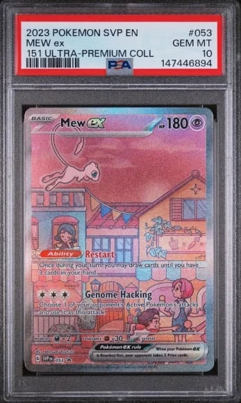 PSA graded Mew ex Pokemon card from 2023 SVP set, GEM MT condition with pink illustrated scene